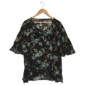 Lane Bryant Top Womens 26 Floral Sheer Short Ruffle Sleeve Boho Textured Black